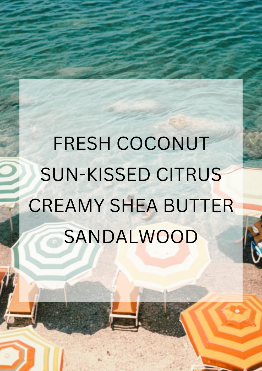 Beach scene with colorful umbrellas and lounge chairs, overlaid with product description text.