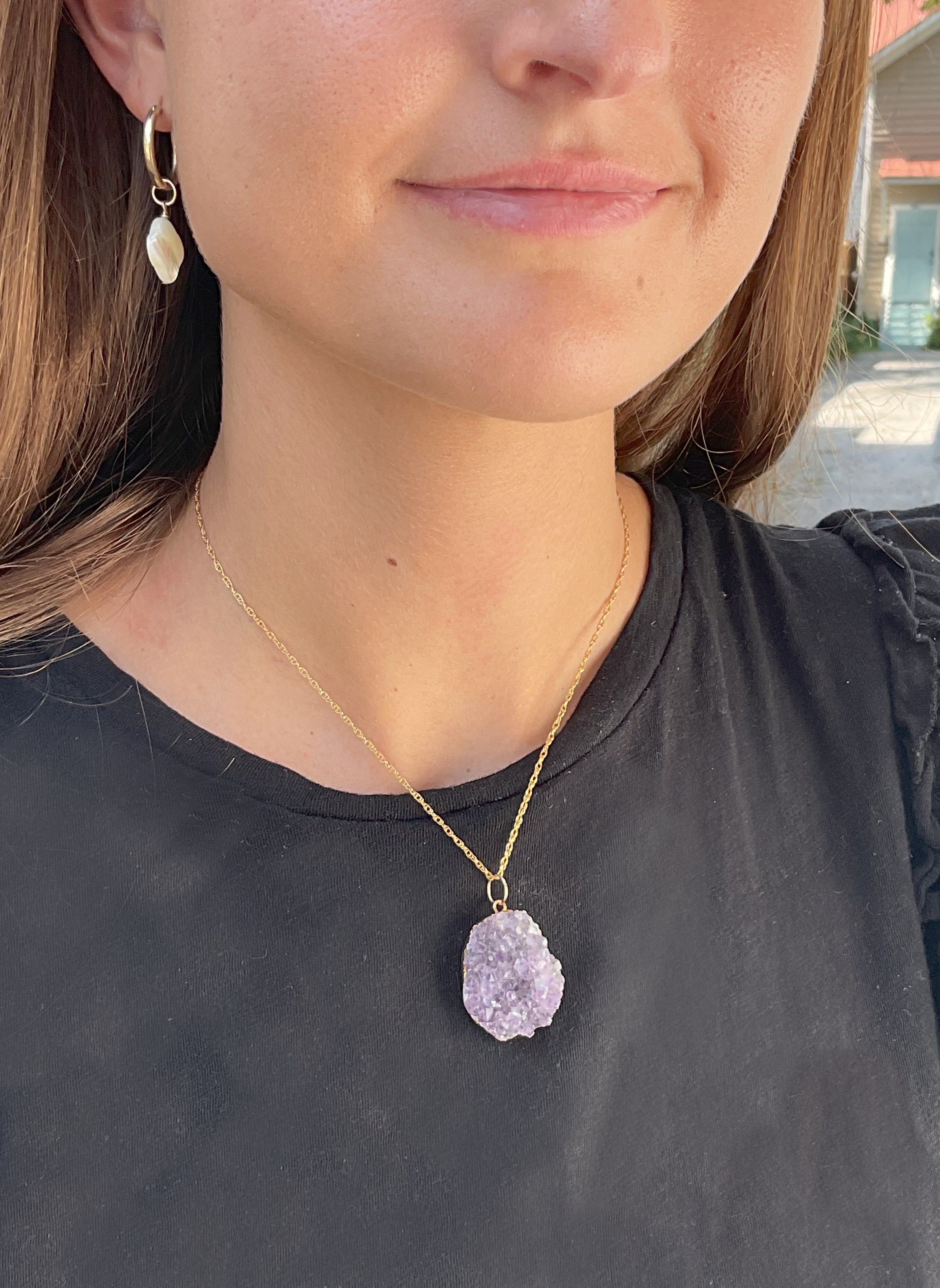 Abstract Druzy Charm 01 on model with 16" gold filled twisted rope chain