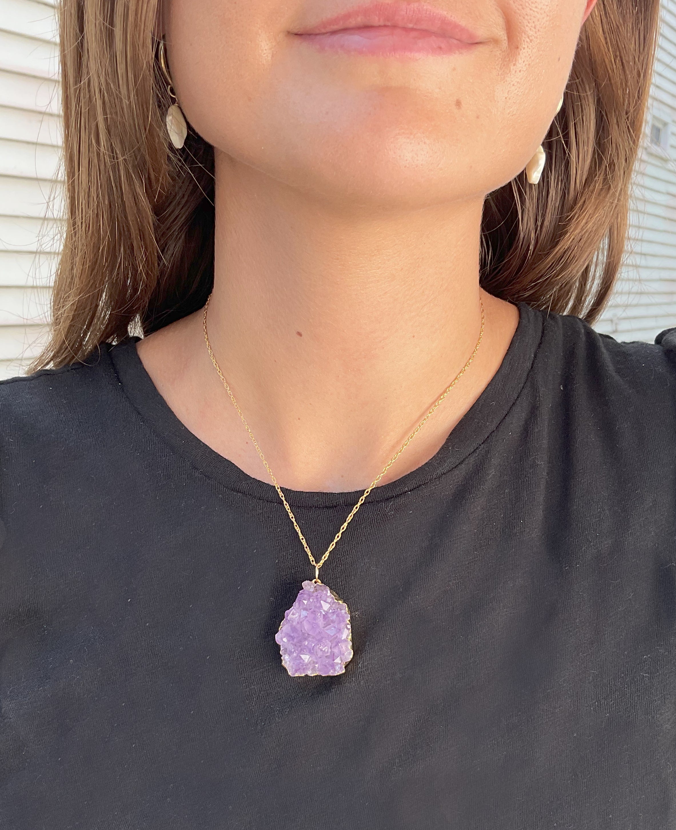 Abstract Druzy Charm 03 on model with 16" gold filled twisted rope chain