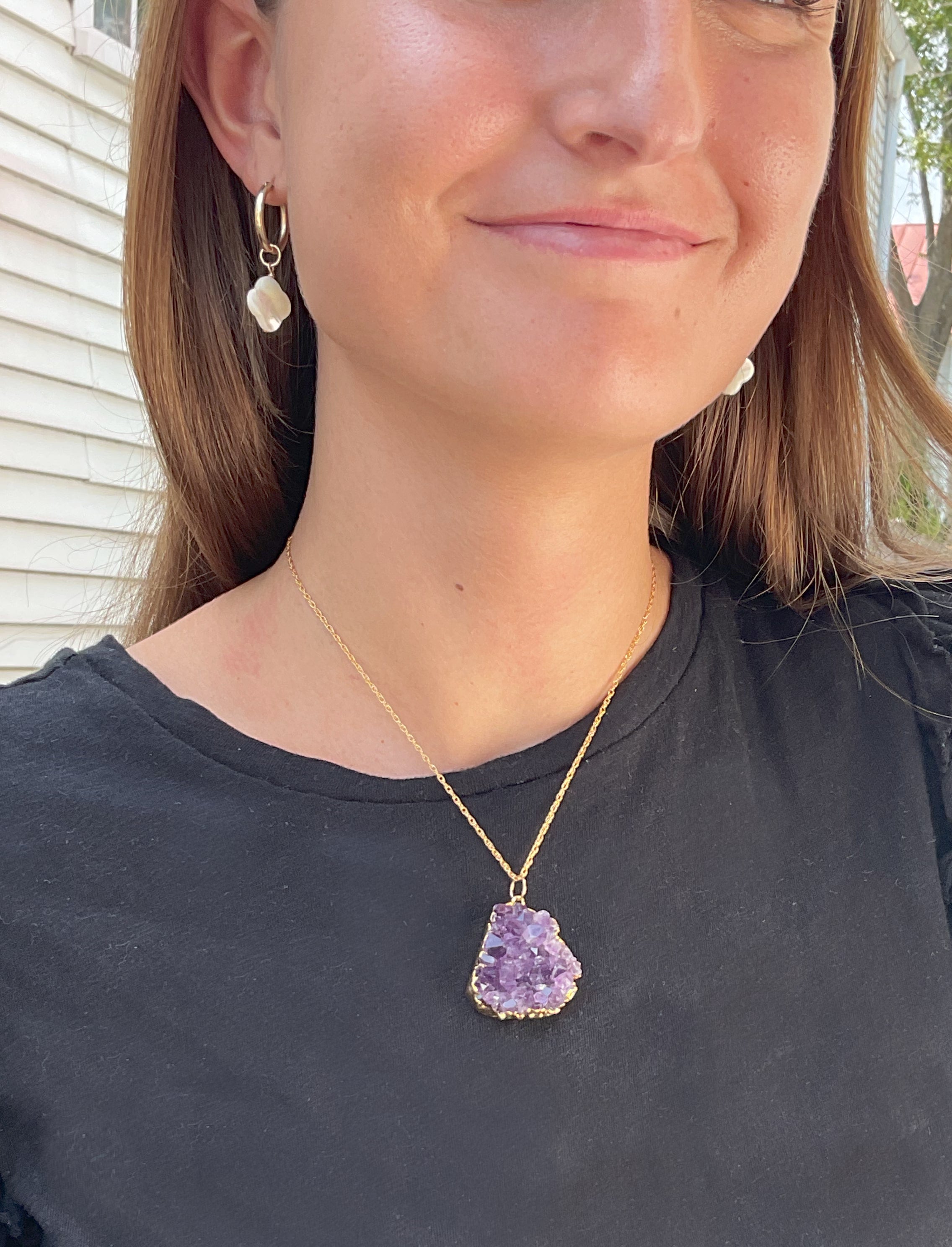 Abstract Druzy Charm 04 on model with 16" gold filled twisted rope chain