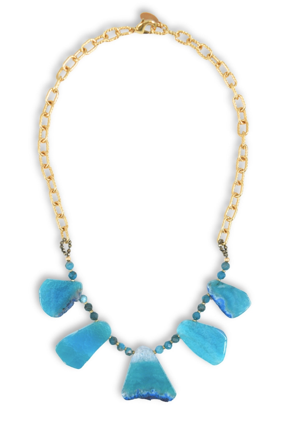 A gold-tone chain necklace featuring five turquoise blue glass petal charms and small blue beads, displayed on a clean white background.