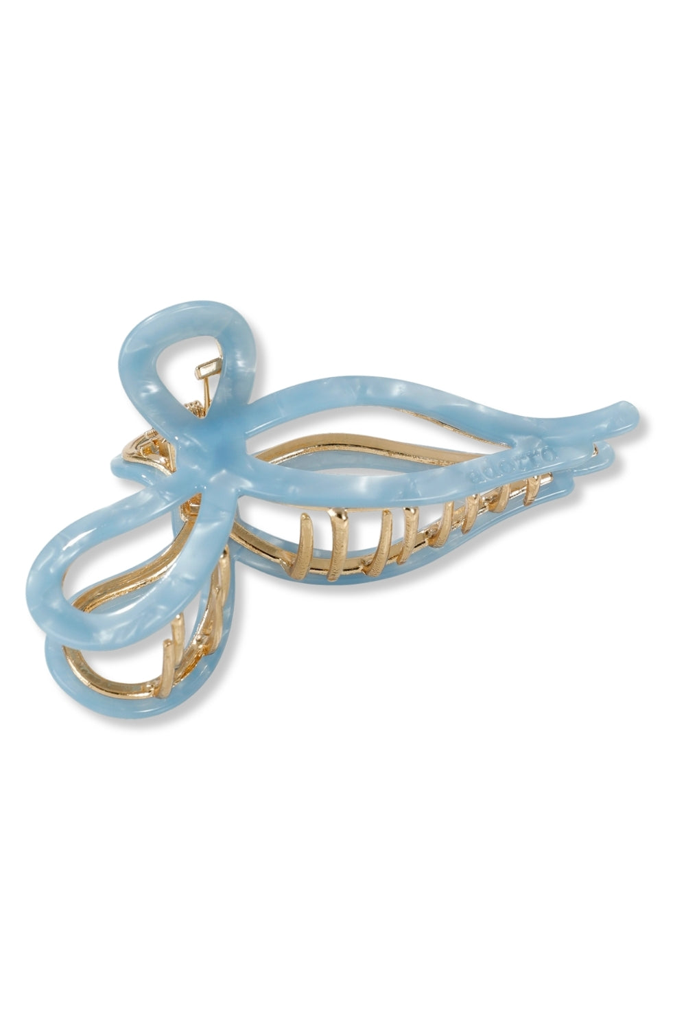 A light blue translucent hair claw clip with gold-tone metal wire teeth, shown on a plain white background.