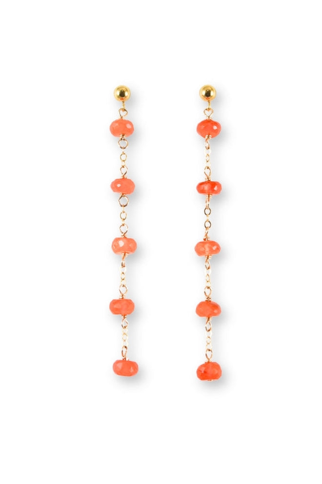 Pair of carnelian bead earrings on a white background