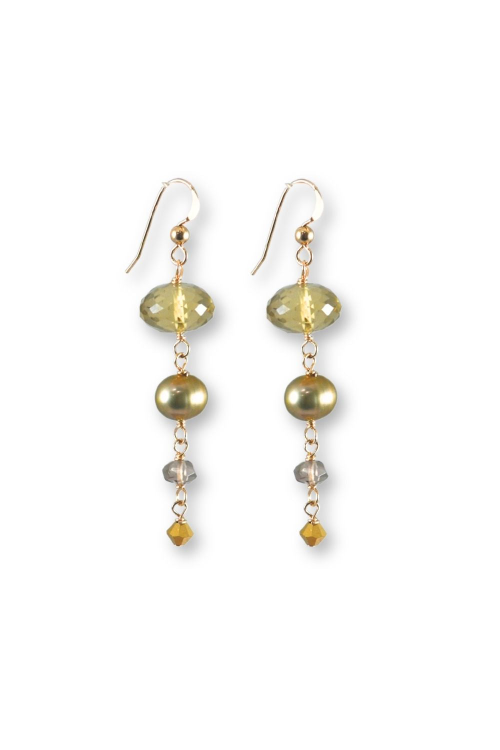 A pair of gold-tone dangle earrings featuring faceted olive green beads, a large olive green bead, a dark green pearl, small gray beads, and a tiny gold bead at the bottom, shown on a plain white background.