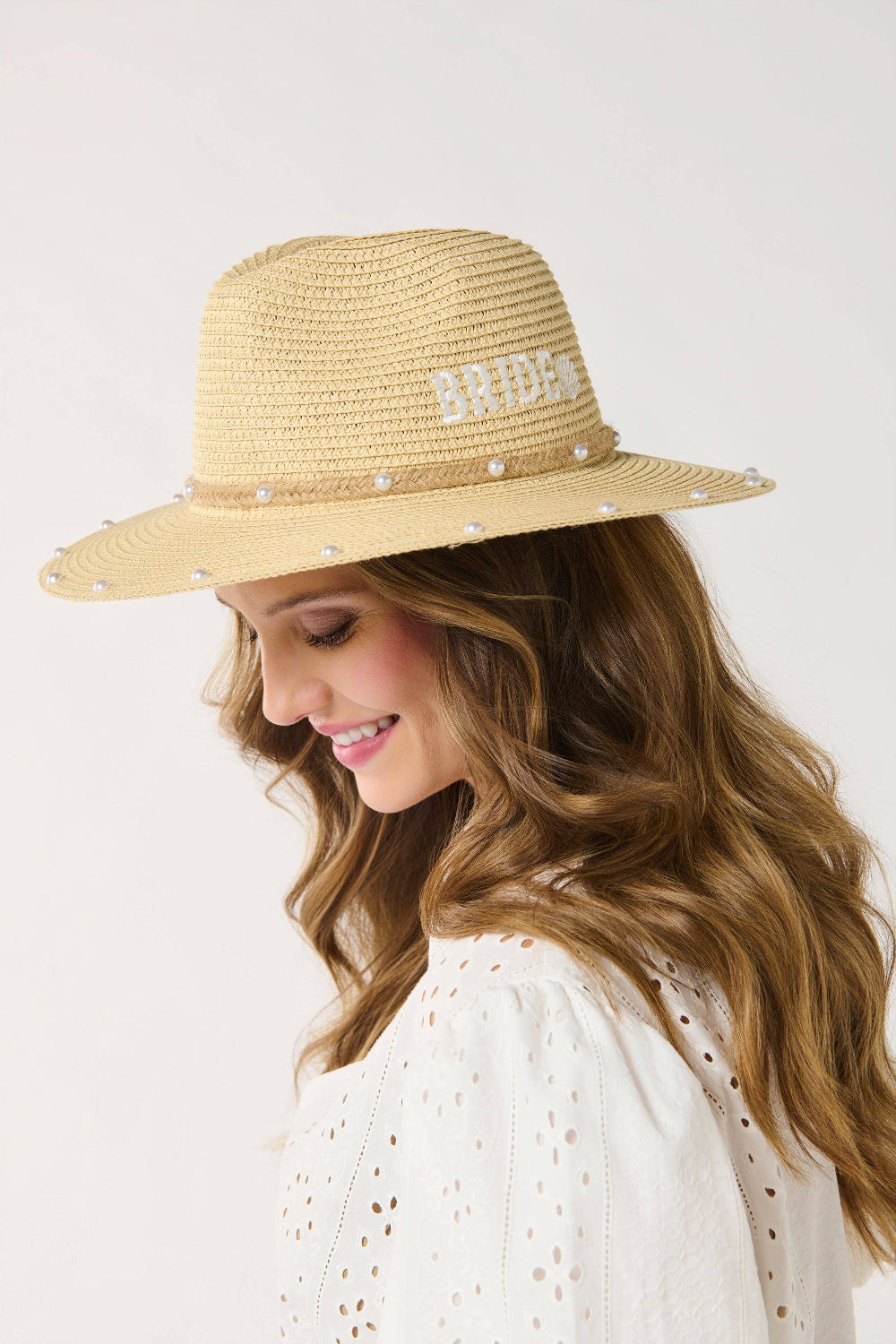 coastal bride adjustable hat on model, side view