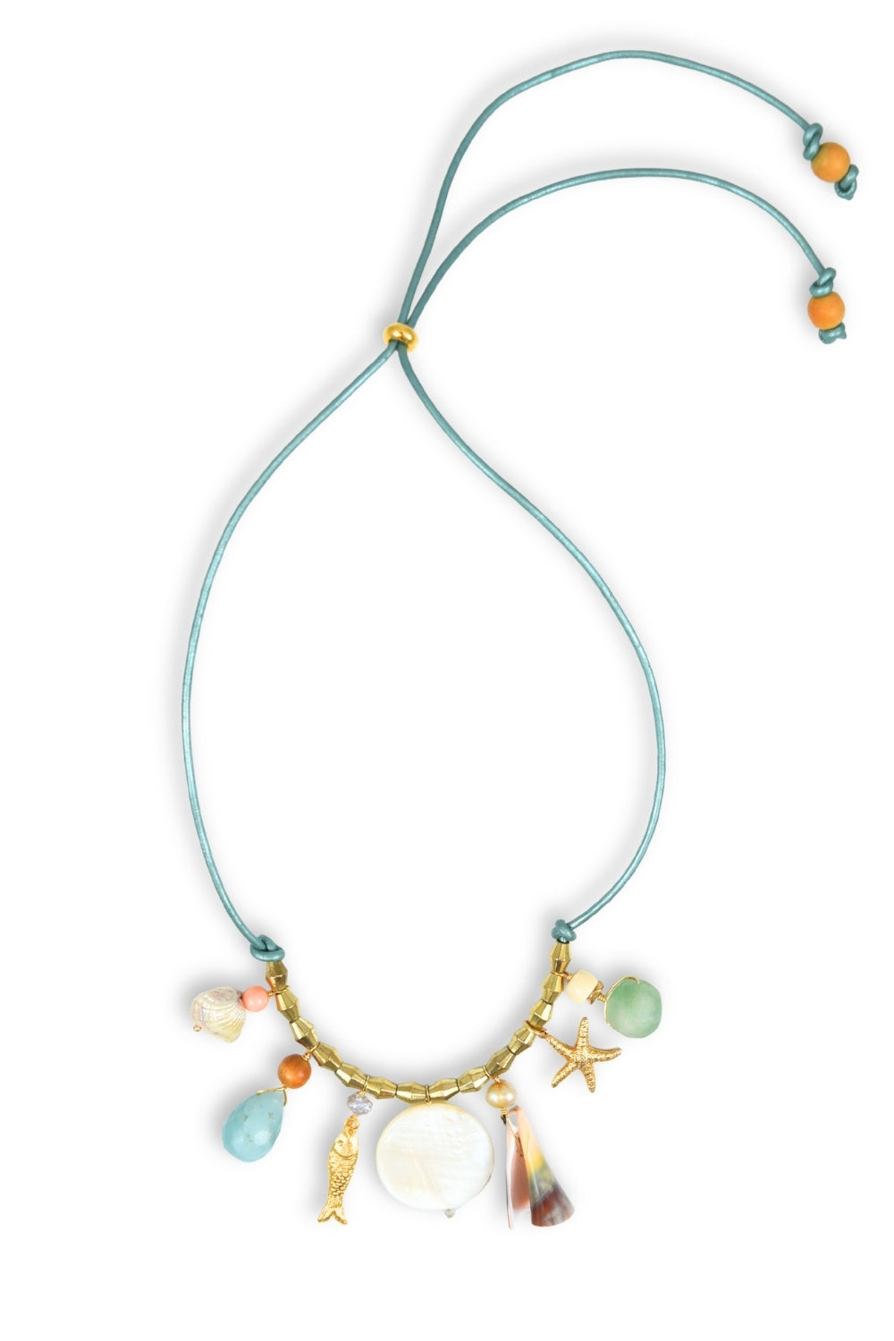 Necklace with colorful beads and charms on a white background
