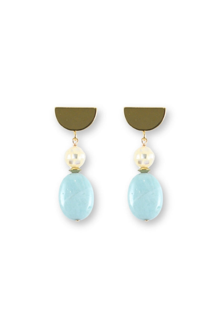 Pair of earrings with light blue oval stones and gold accents on a white background