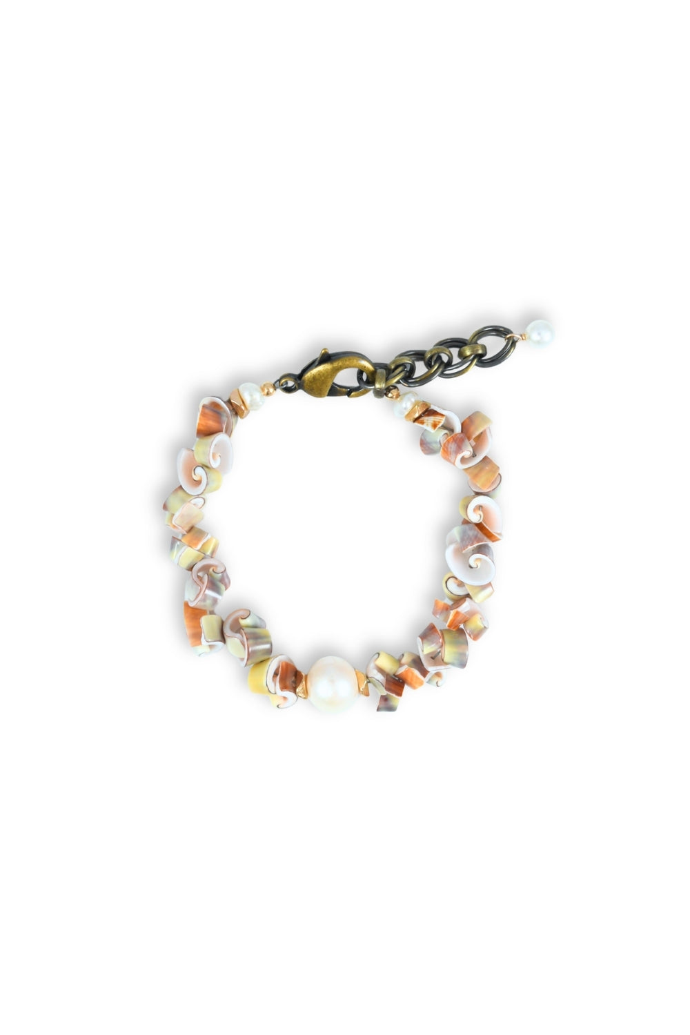 Shell bracelet with multicolor beads on a white background