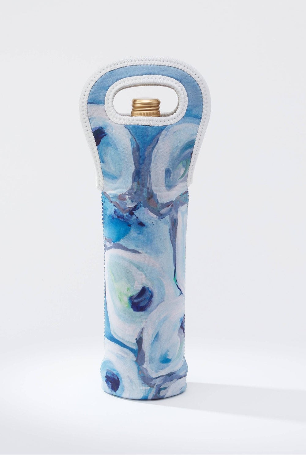 Blue and white oyster shell patterned wine bottle tote on a white background