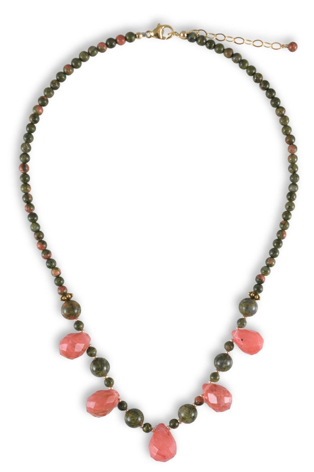 A beaded necklace featuring dark olive green and reddish-brown marbled beads with five faceted coral-pink teardrop beads hanging from the center, finished with a gold-tone clasp and extender chain.