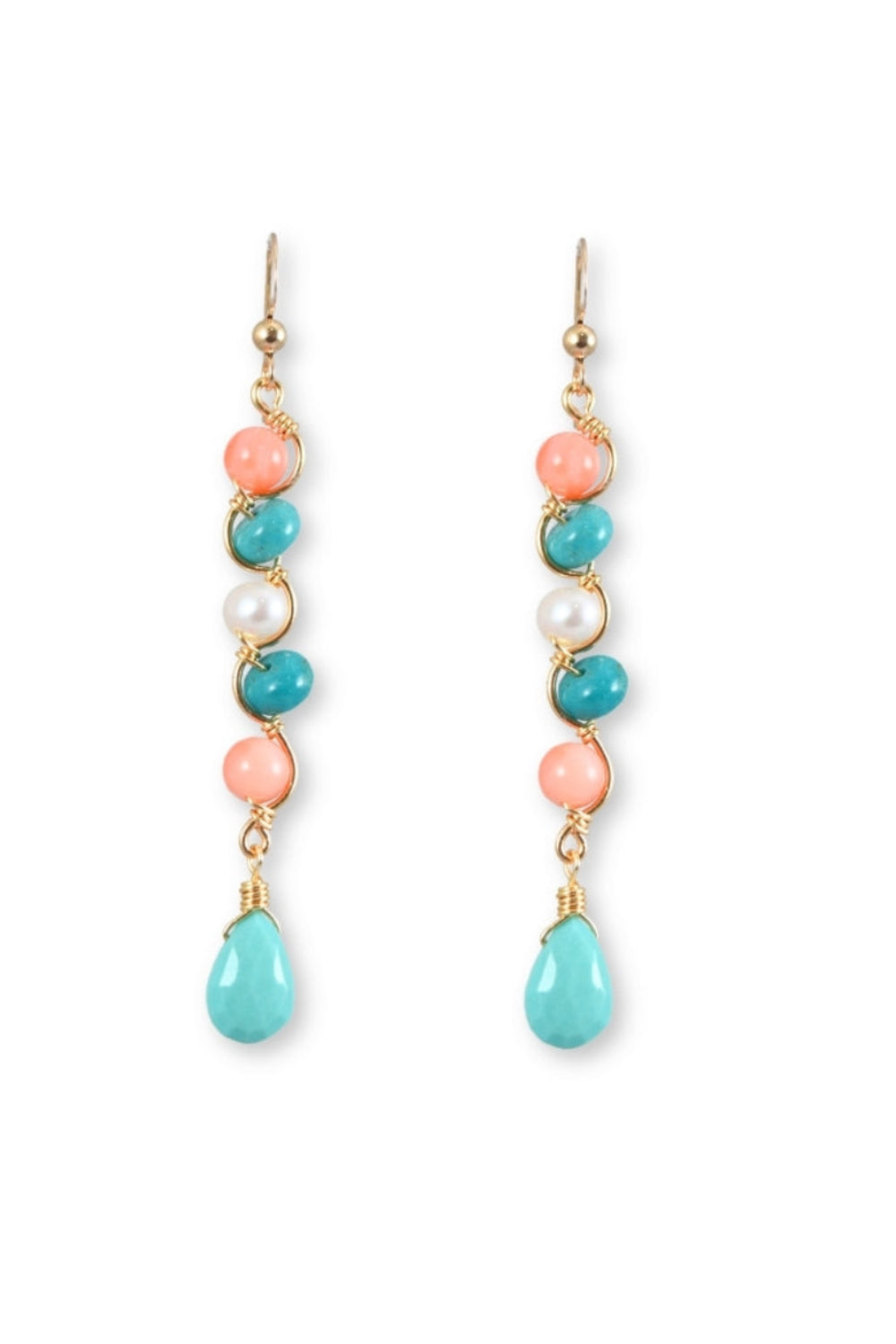 Pair of earrings with turquoise and pink beads on a white background