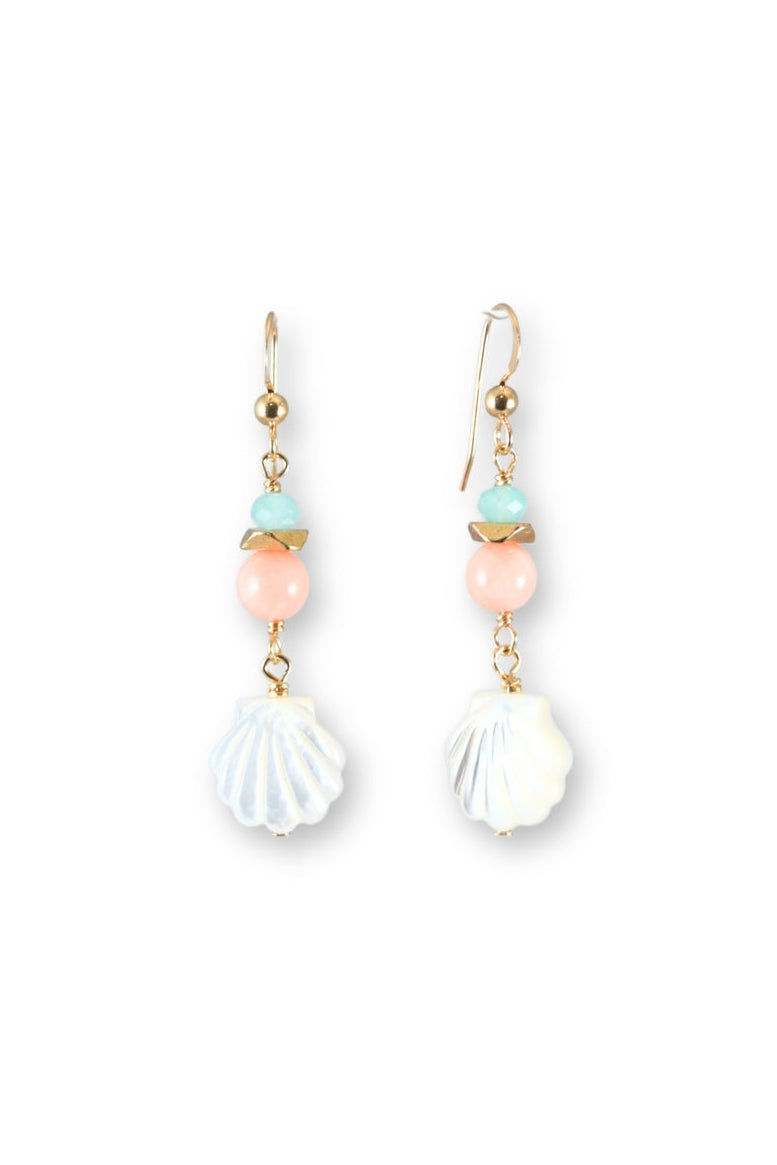 Pair of earrings with shell and bead designs on a white background