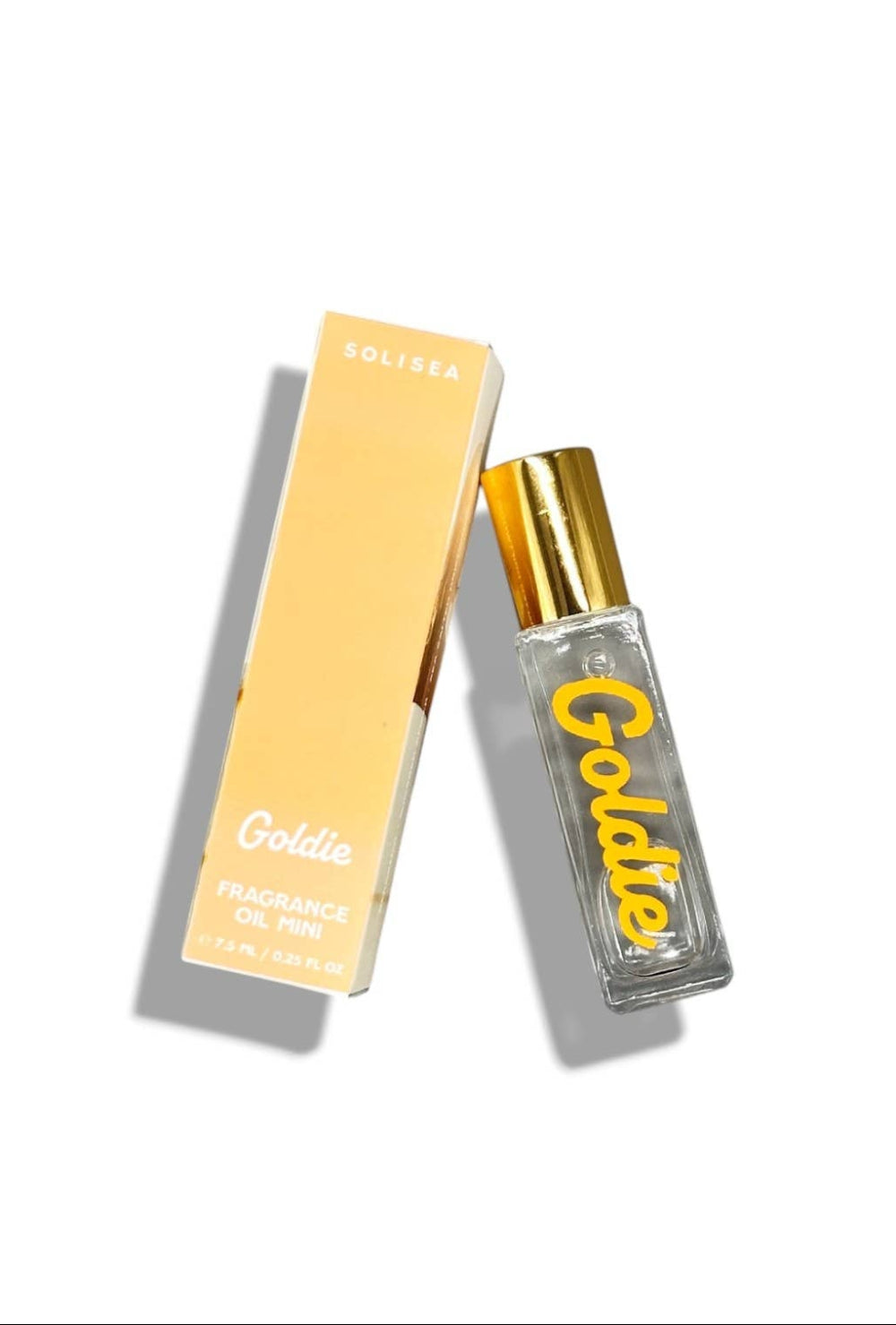 Perfume bottle and packaging with 'Goldie' branding on a white background