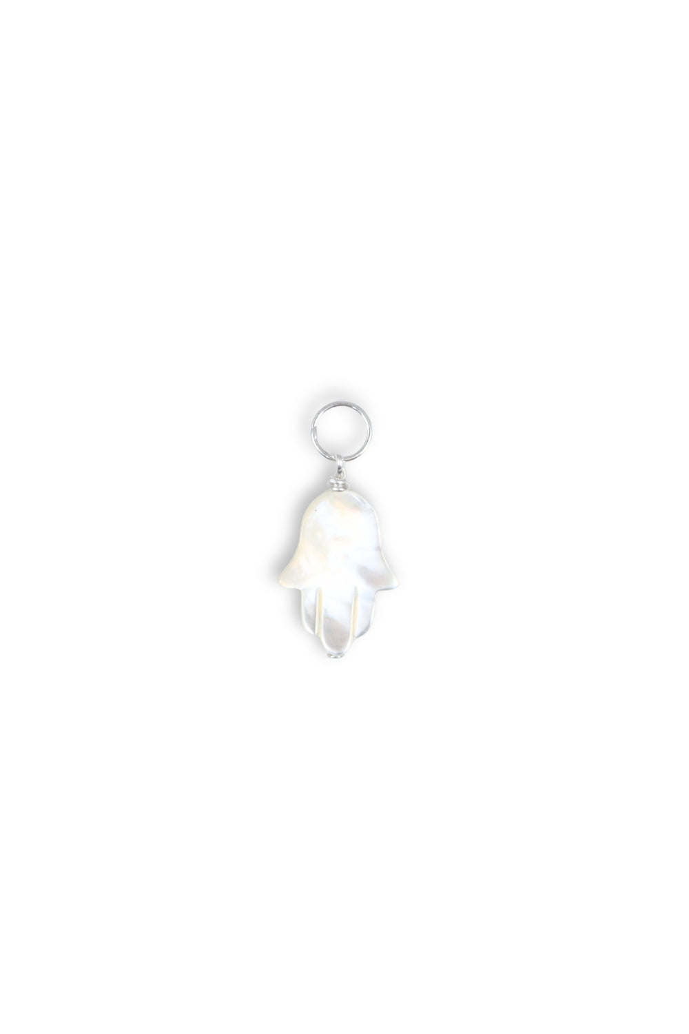 White hamsa hand pendant on a white background