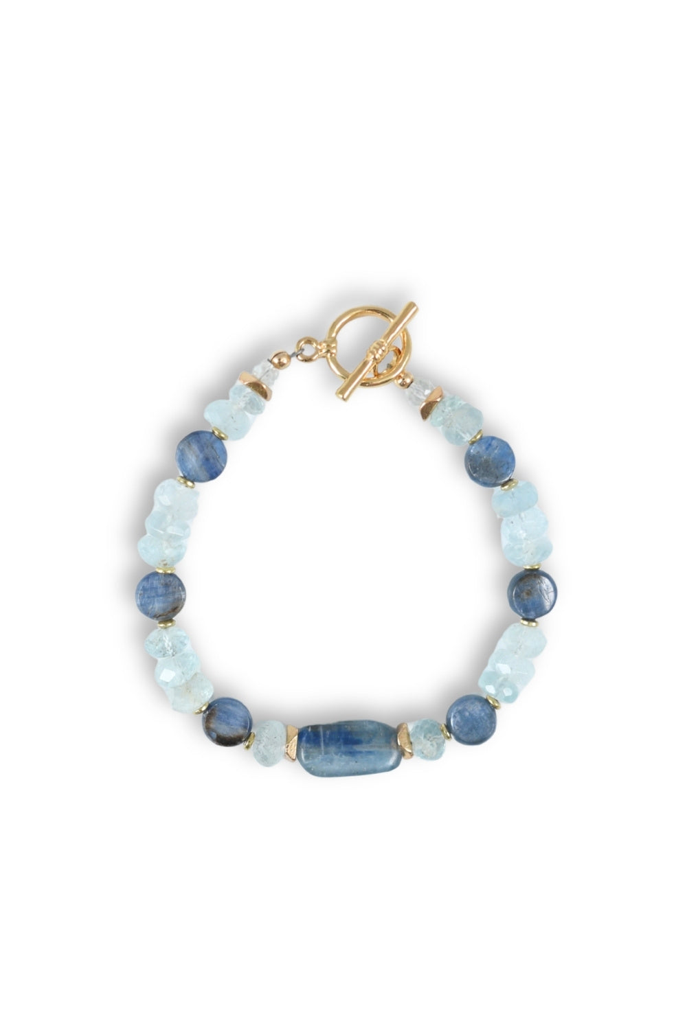 A beaded bracelet featuring light blue and medium blue gemstone beads, a textured light blue stone centerpiece, and gold-toned spacer rings and toggle clasp, displayed on a clean white background.