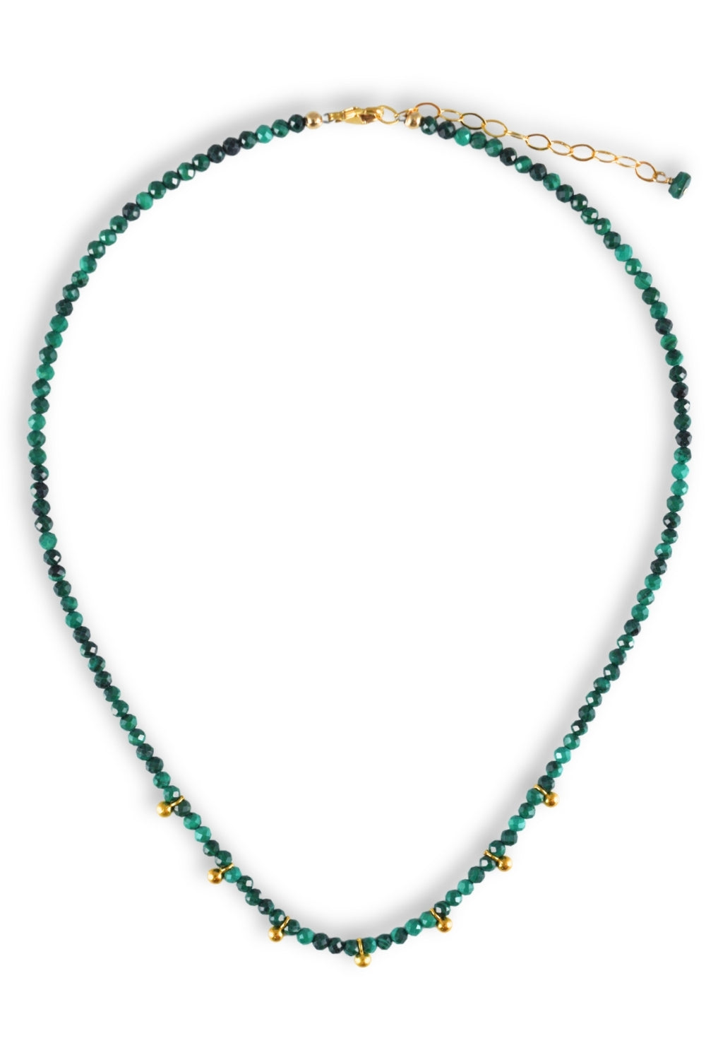 A beaded necklace made of faceted green beads with small gold accents and a gold clasp, displayed on a clean white background.