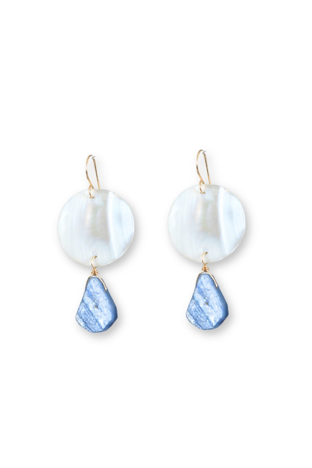 Pair of earrings with white circular stones and blue teardrop shapes on a white background