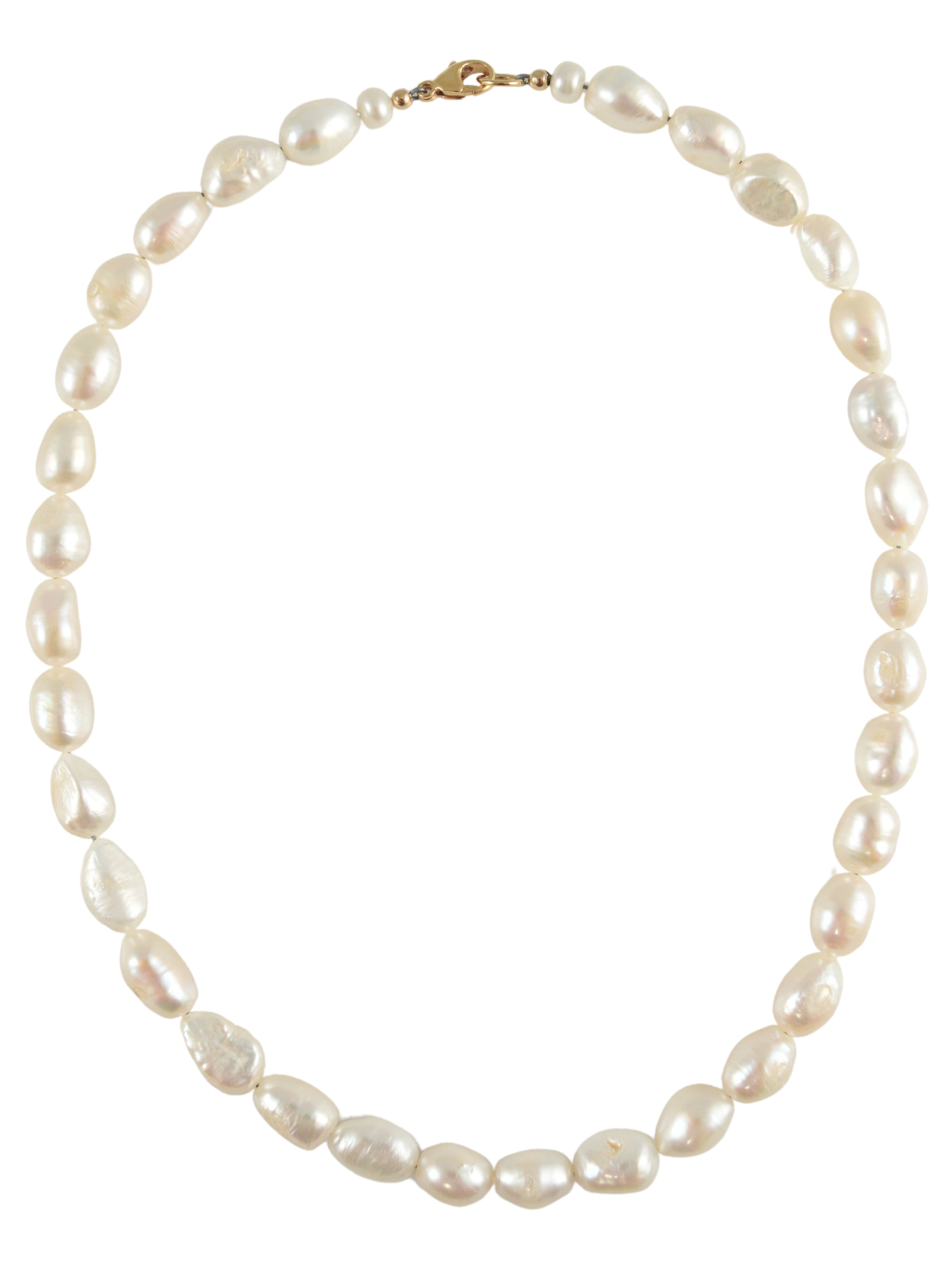 A classic pearl necklace with a gold filled lobster claw clasp, featuring large white freshwater potato pearls.