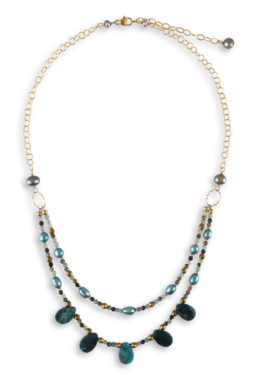 A double-strand statement necklace featuring dark teal beads, iridescent blue-green baroque pearls, and small metallic gold and silver beads on a gold chain, shown against a plain white background.