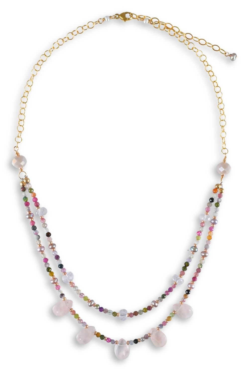 A gold-tone double-strand necklace featuring small multicolored beads and larger pale pink and white pearl-like beads, displayed on a clean white background.