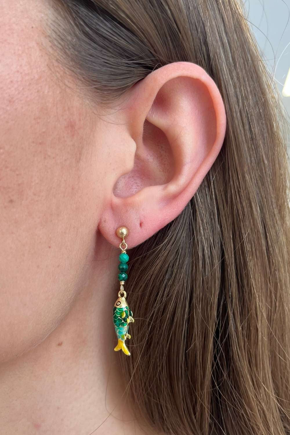 Painted Fish Earrings in Malachite