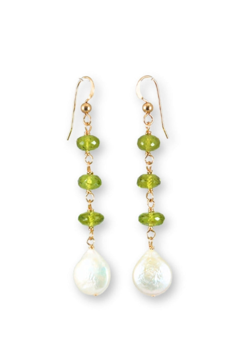 A pair of gold drop earrings featuring green gemstone beads and a teardrop-shaped white pearl at the bottom, shown against a plain white background.