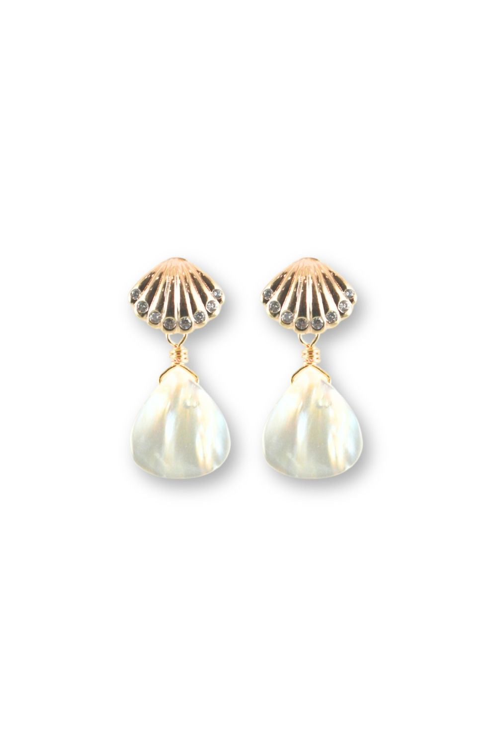 Pair of post earrings with white teardrops on a white background