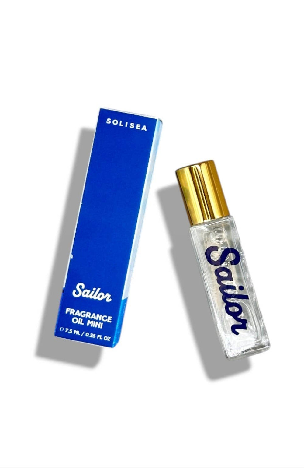 Sailor fragrance oil bottle with blue box on a white background