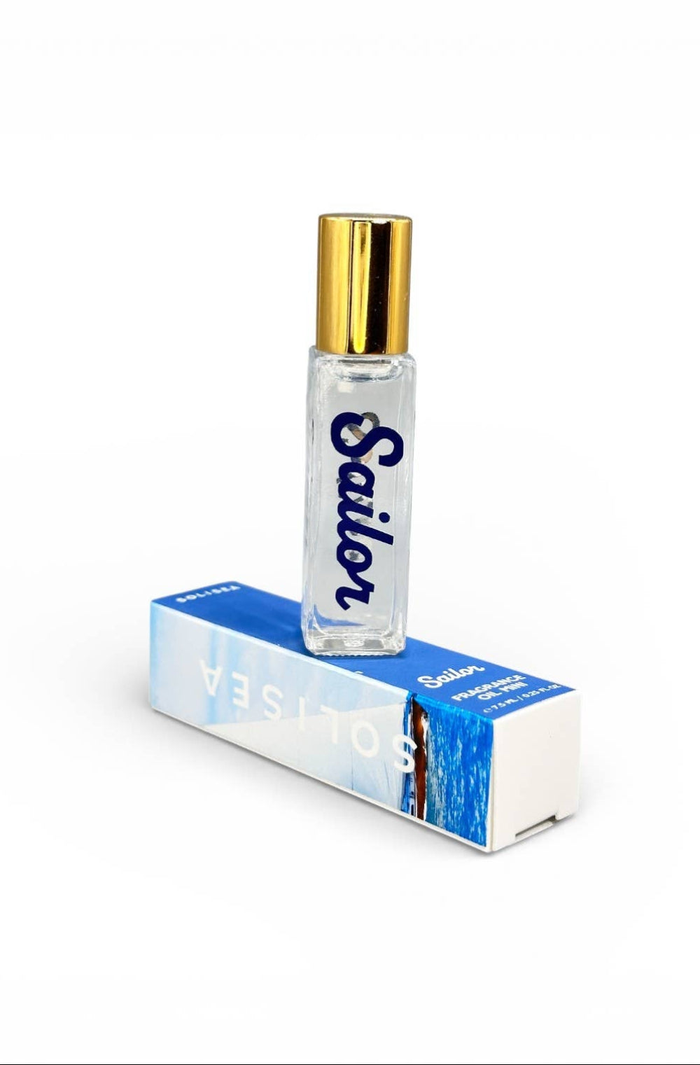Sailor perfume bottle with gold cap and blue box on a white background
