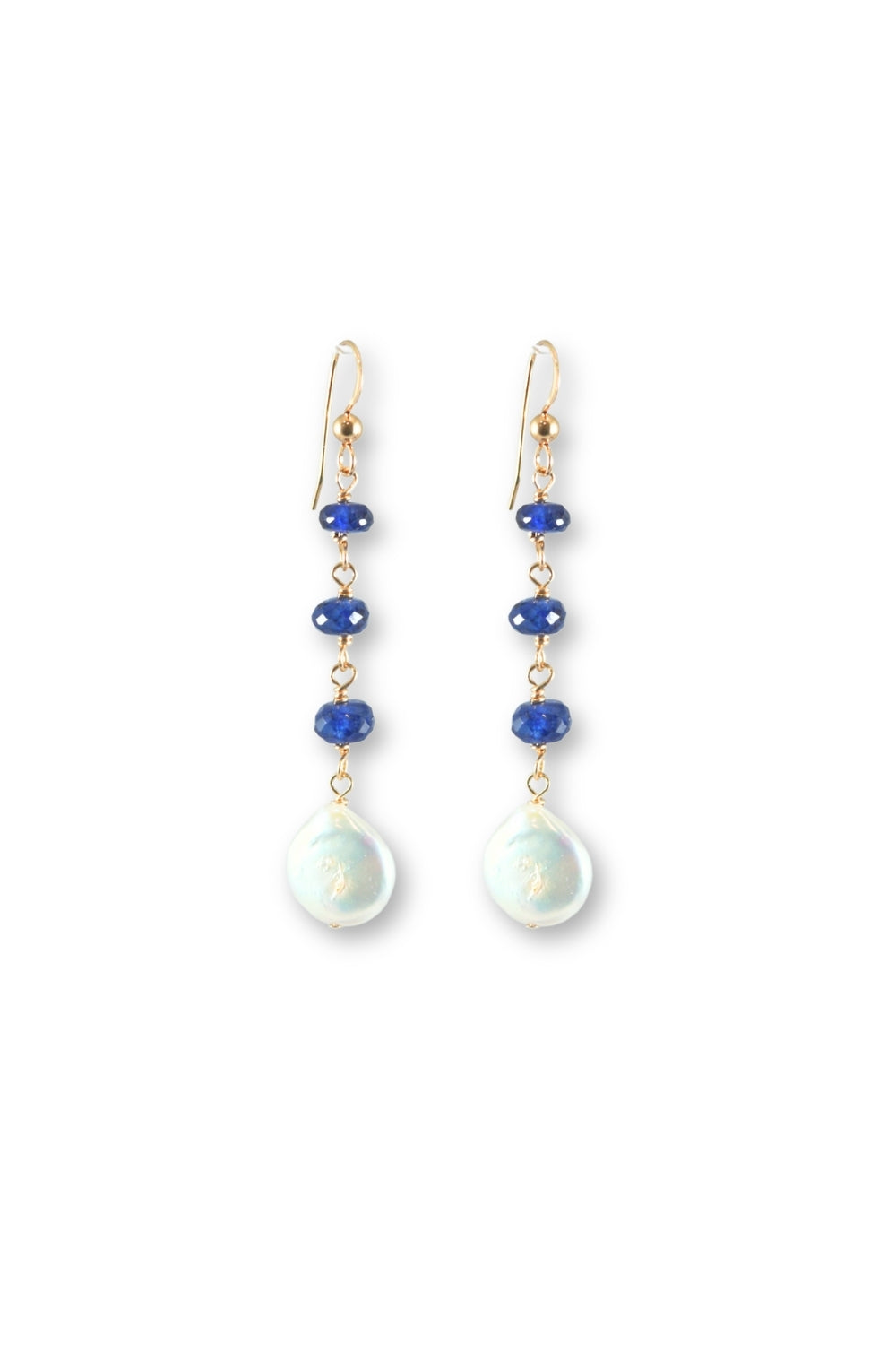 A pair of gold drop earrings featuring small blue beads and a large, teardrop-shaped white baroque pearl at the bottom, set against a plain white background.