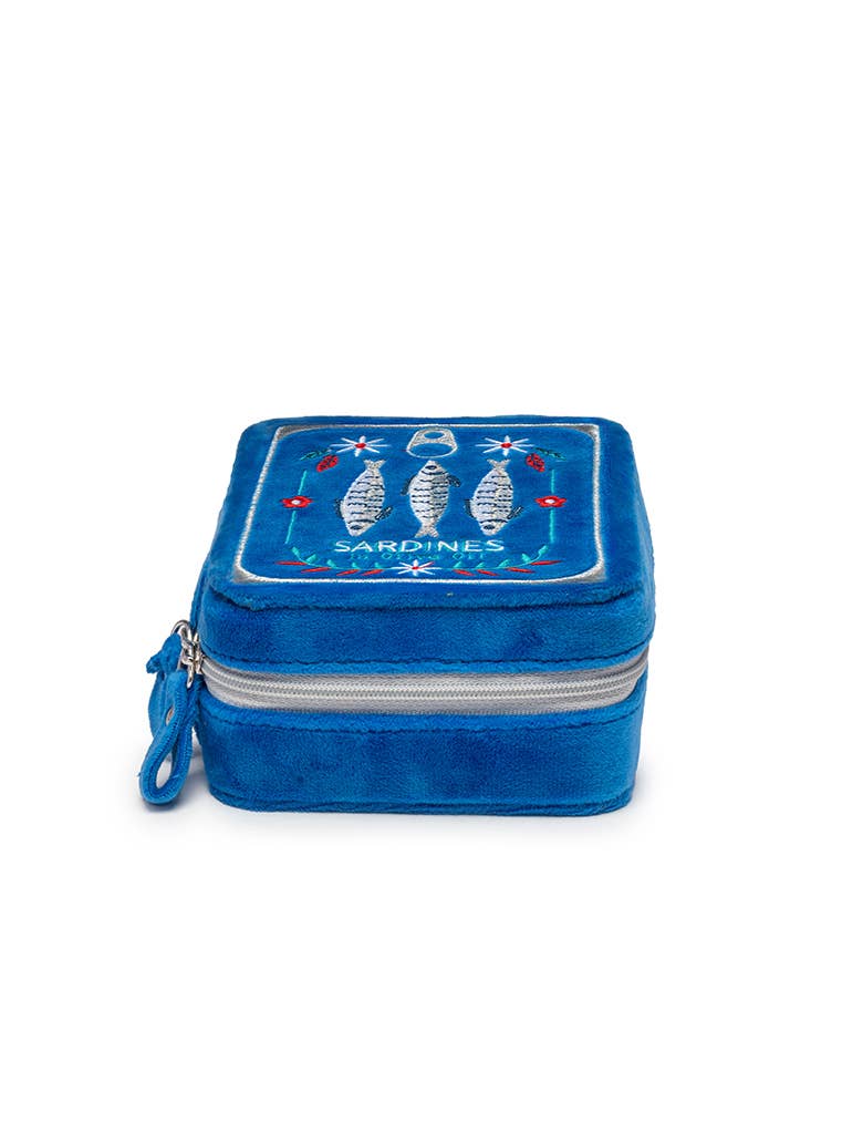 Blue jewelry box with 'Sardines' design on a white background