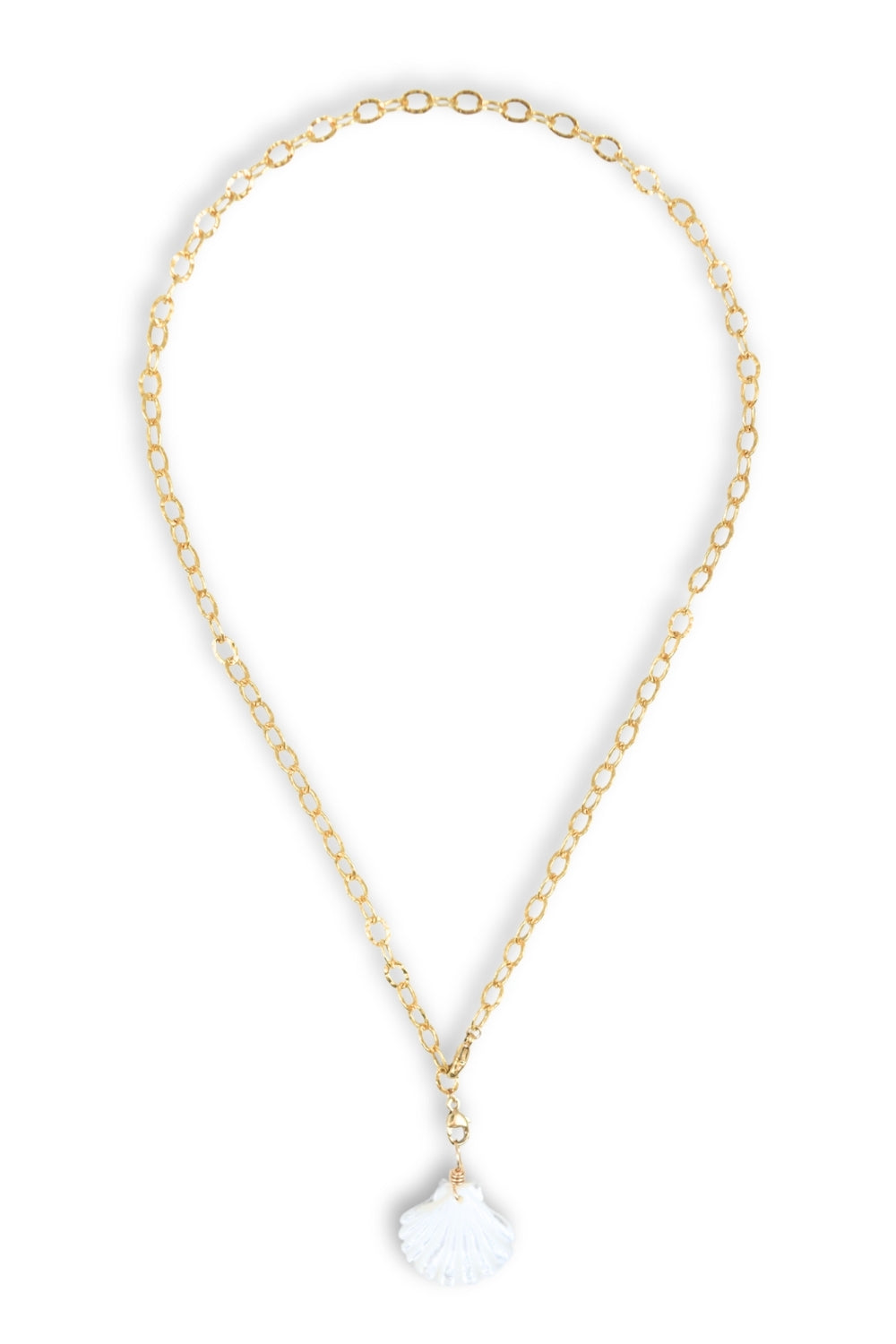 A delicate gold chain necklace featuring a small white shell-shaped pendant, displayed against a clean white background.