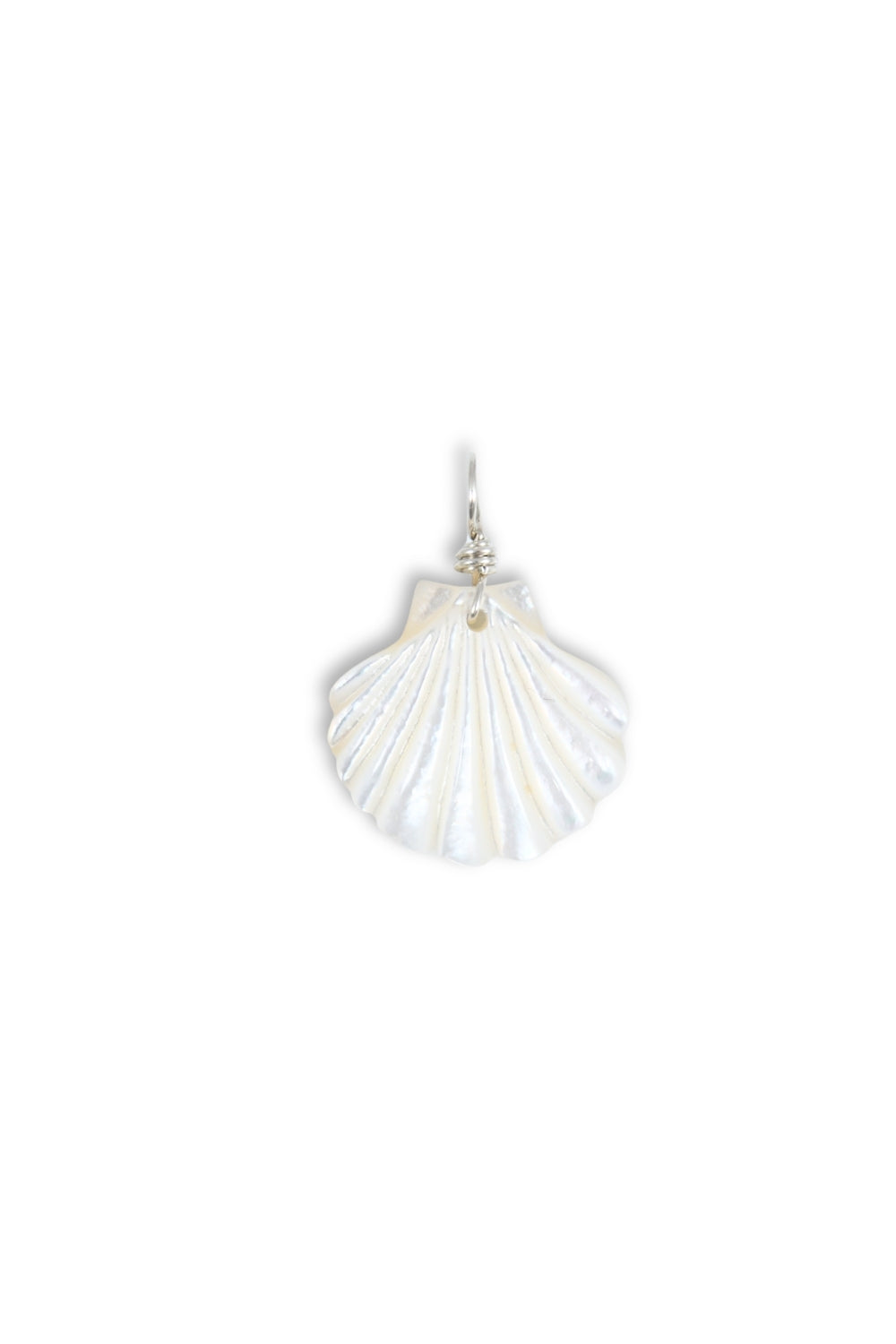 A white scallop shell pendant with a silver-tone wire wrap and loop, shown against a plain white background.