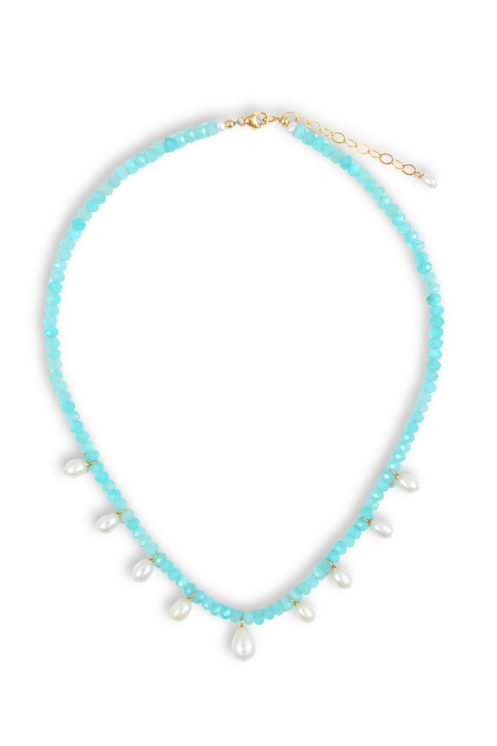 Blue beaded necklace with pearl drops on a white background