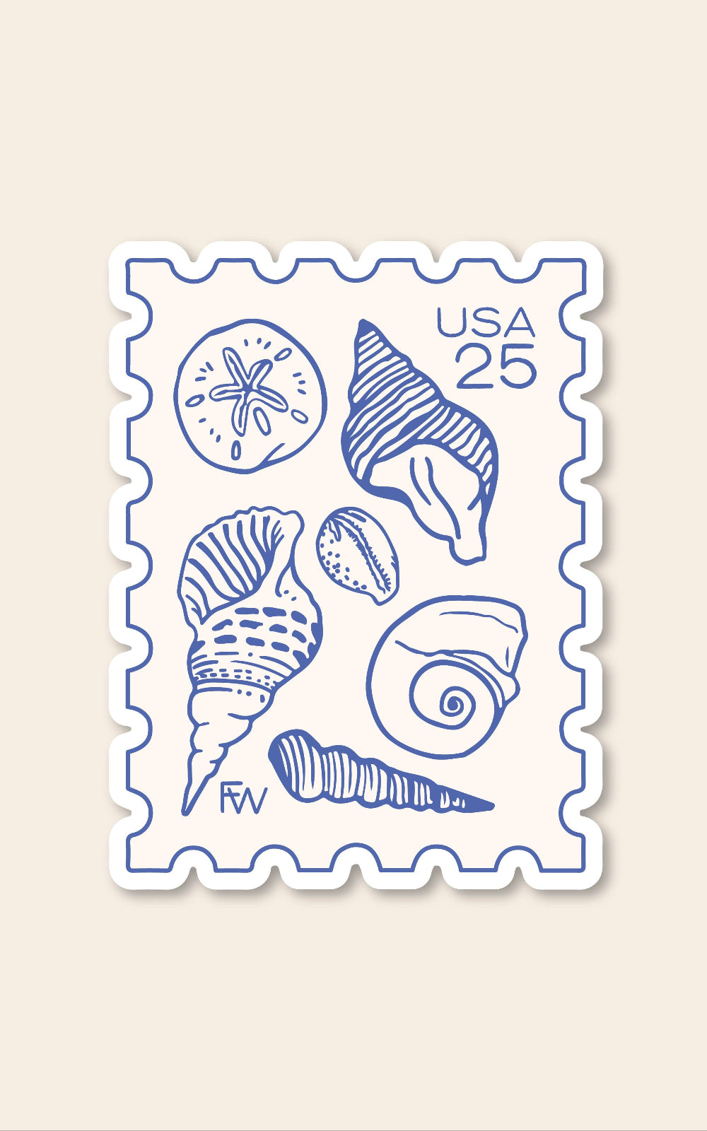 Sticker with blue shell designs and 'USA 25' text on a beige background