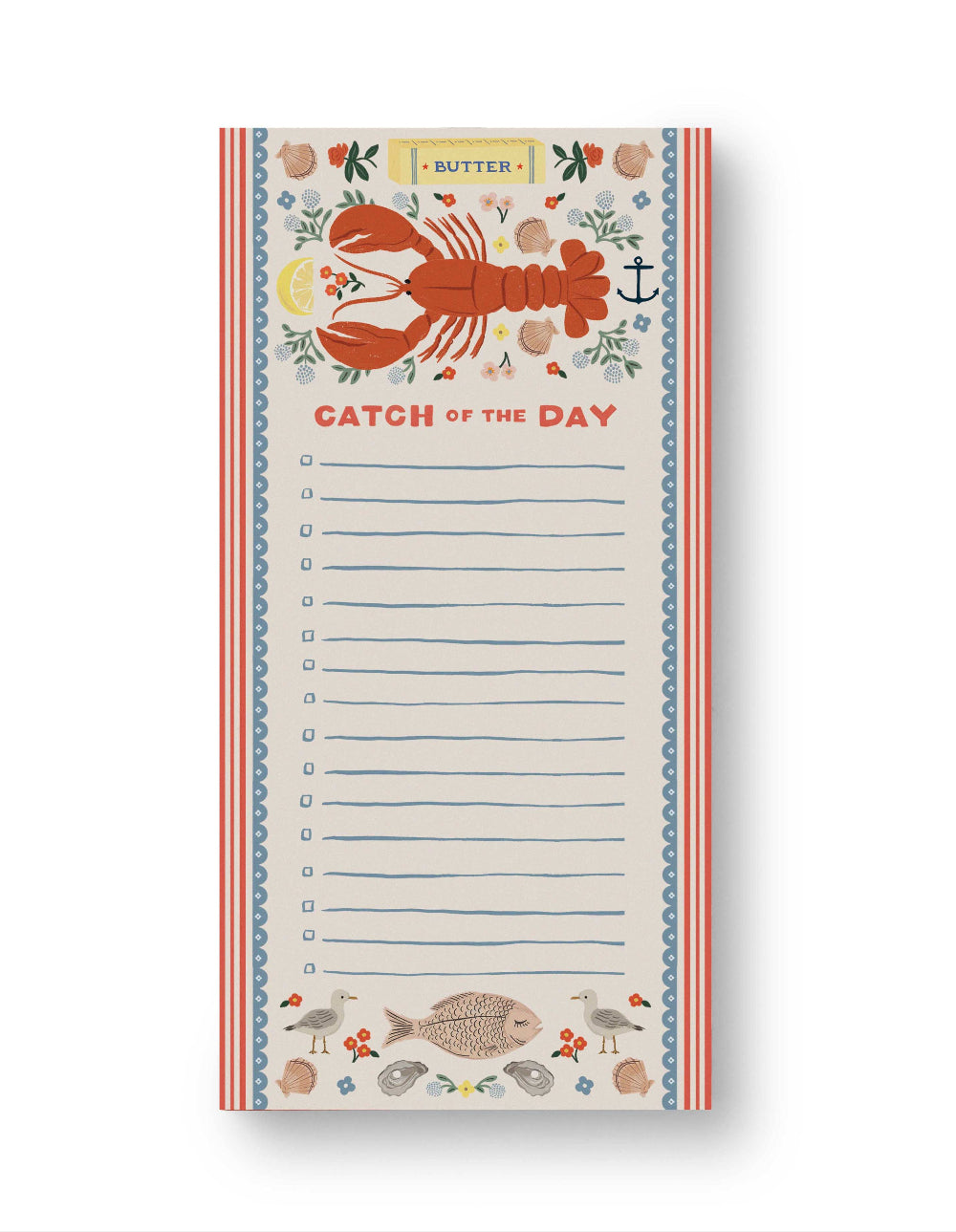 Notepad with lobster design and 'Catch of the Day' text on a white background