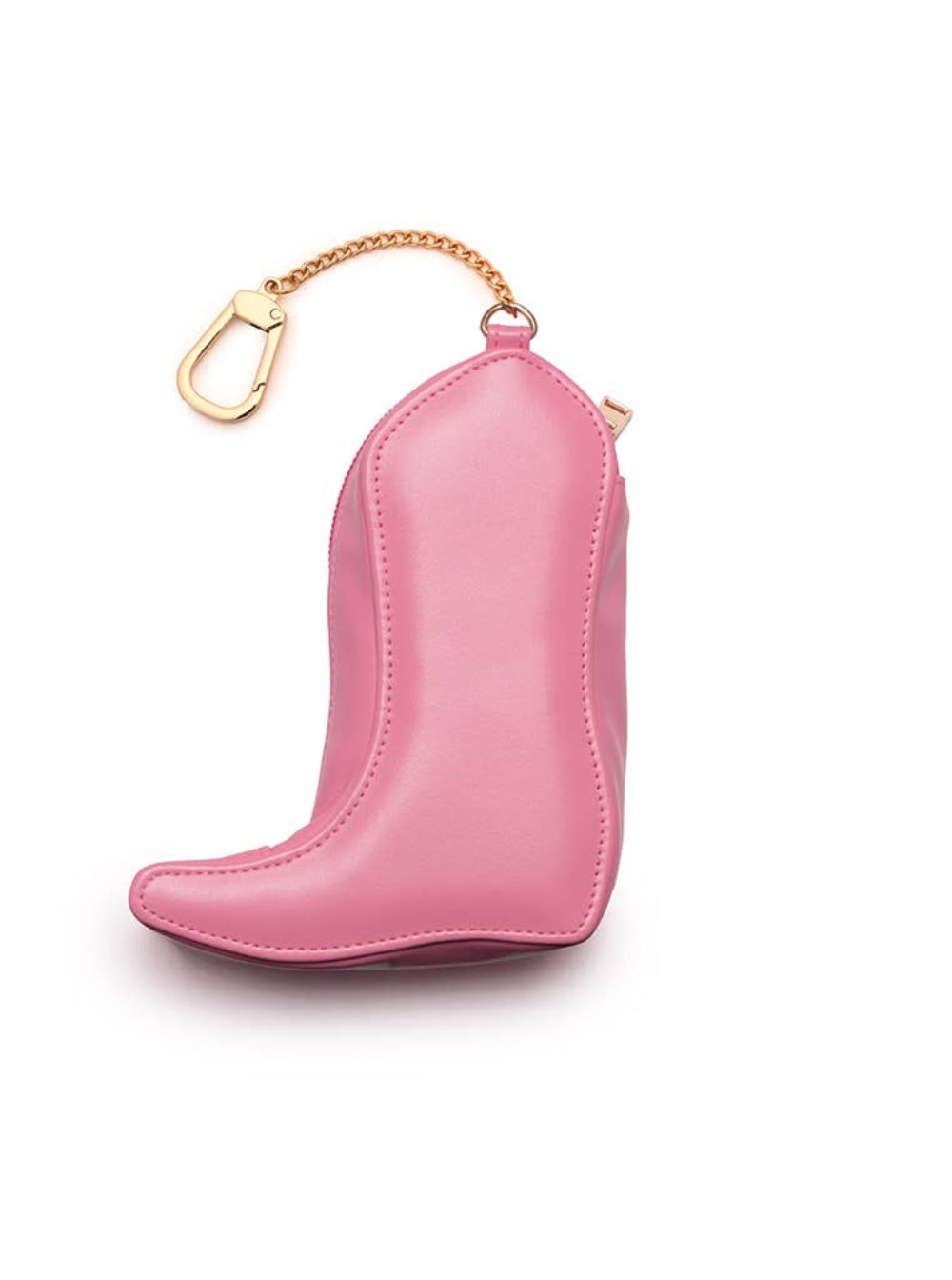 Pink boot-shaped bag charm on a white background