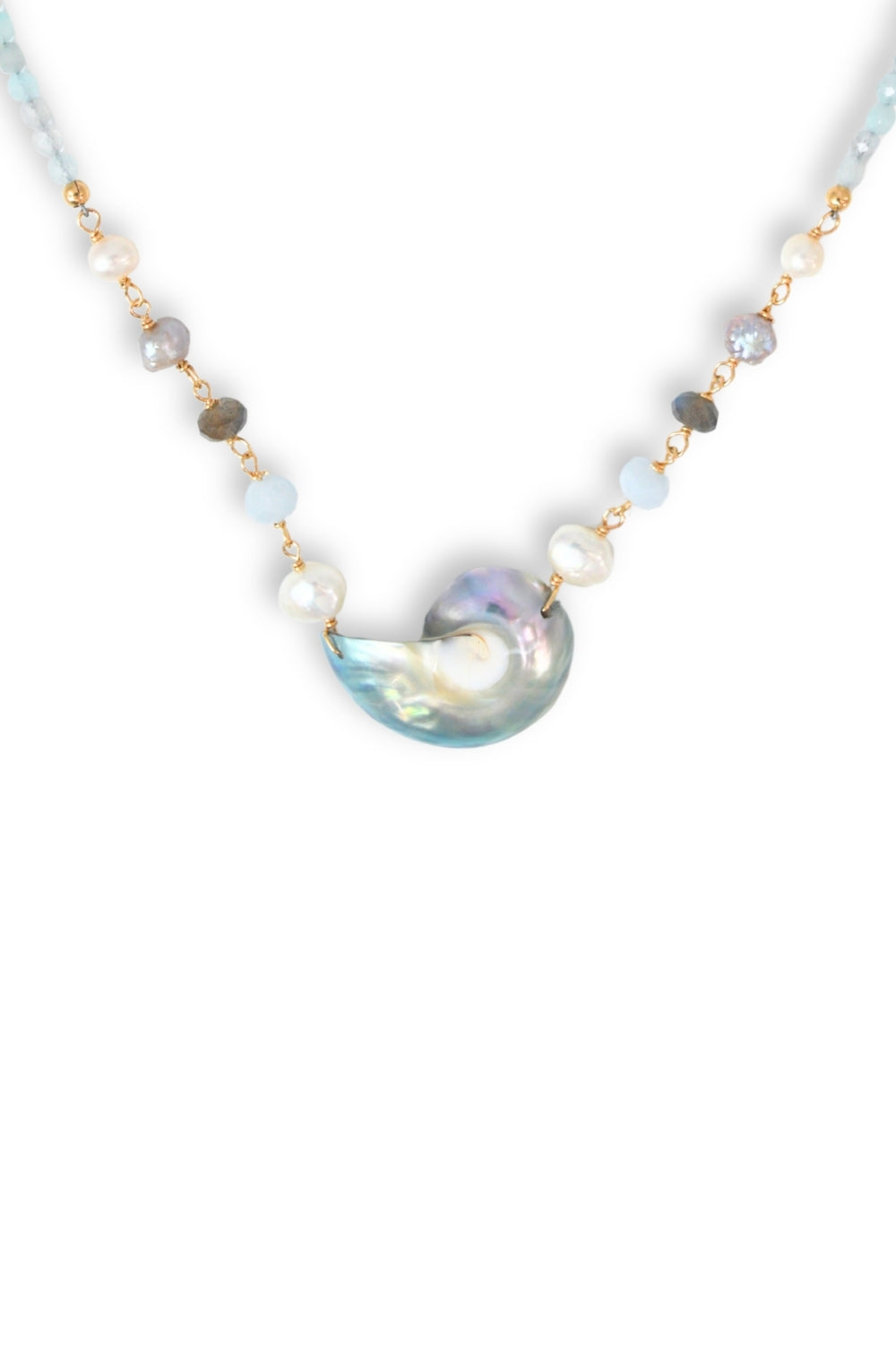 Necklace with a large, iridescent pendant on a white background