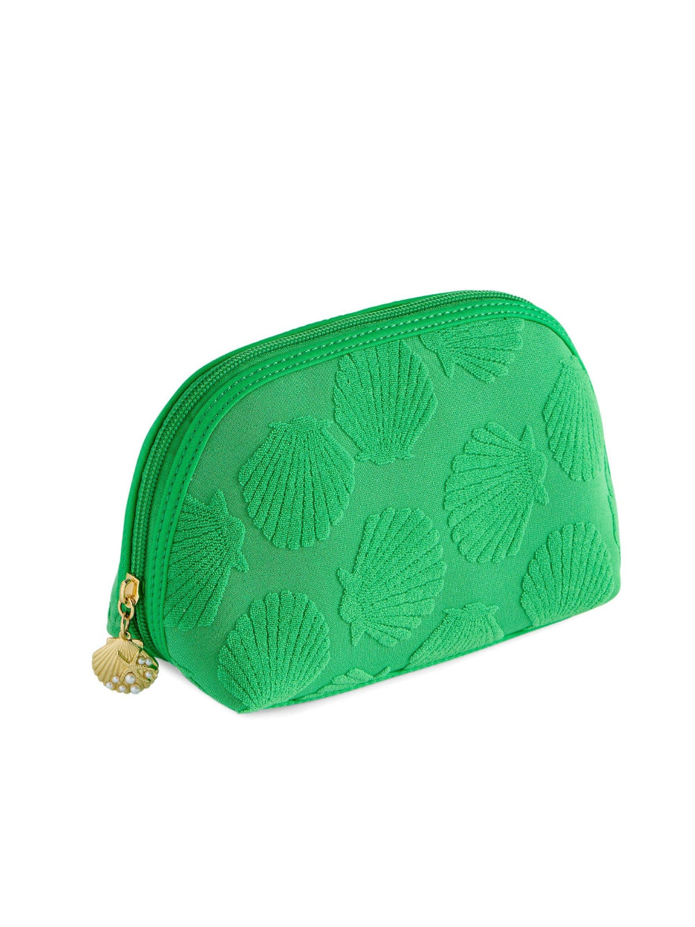 Green cosmetic bag with shell pattern on a white background