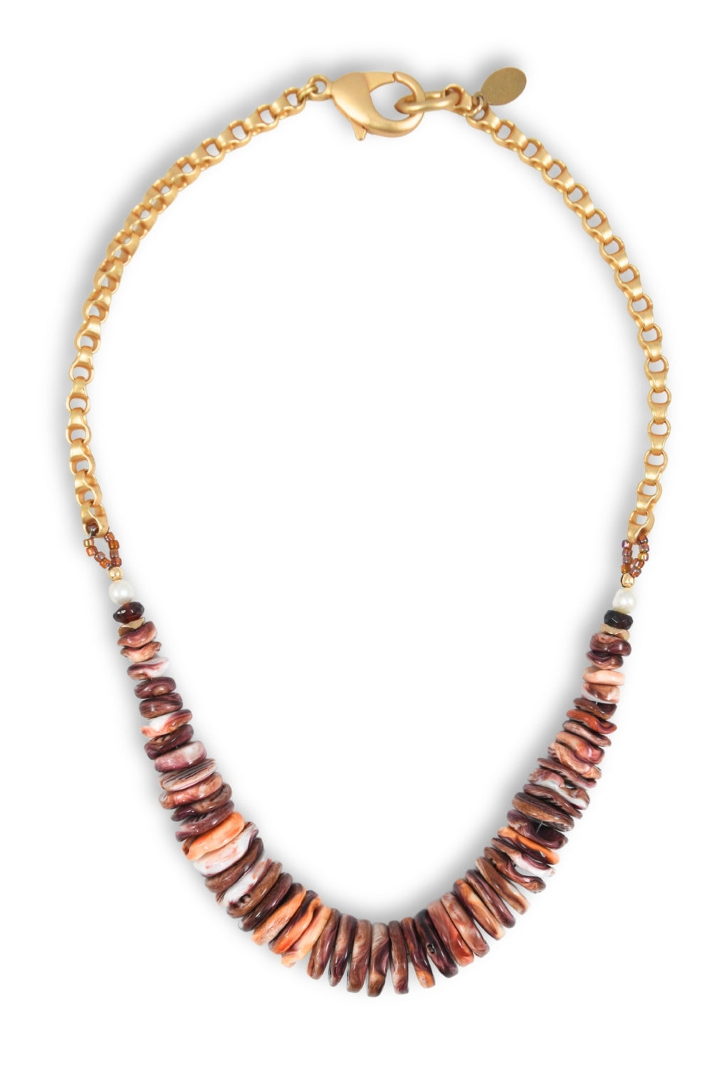 A gold-tone chain necklace featuring a bib-style drop of irregular polished shell beads in shades of terracotta, rust, and brown, displayed on a clean white background.