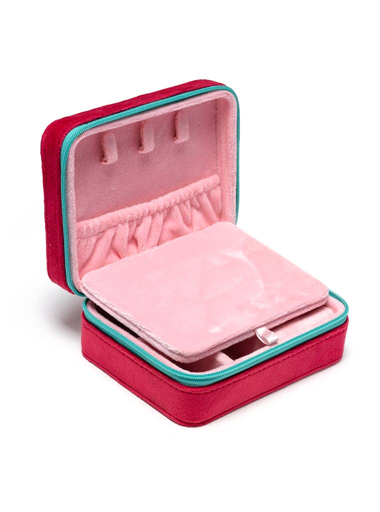 Pink jewelry box with turquoise trim on a white background