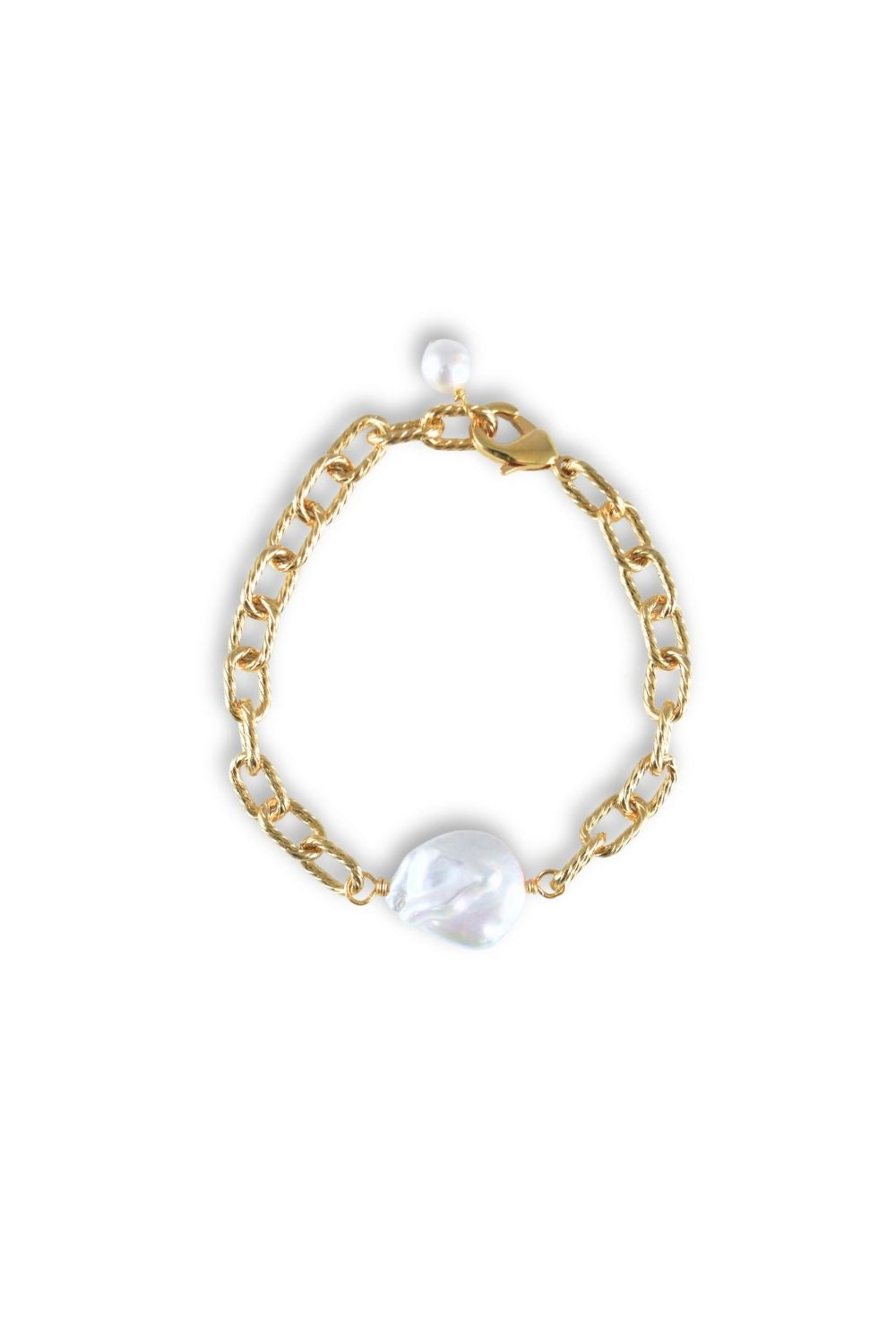 A gold chain bracelet featuring a large, irregular white baroque pearl pendant, displayed on a clean white background.