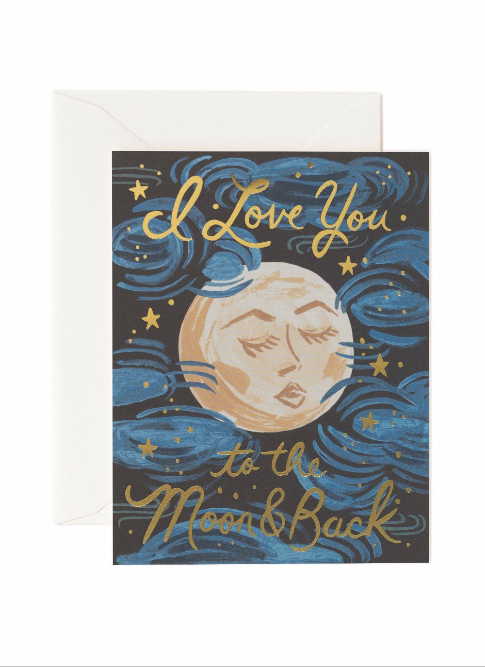 Greeting card with moon and stars design and 'I Love You to the Moon & Back' text.