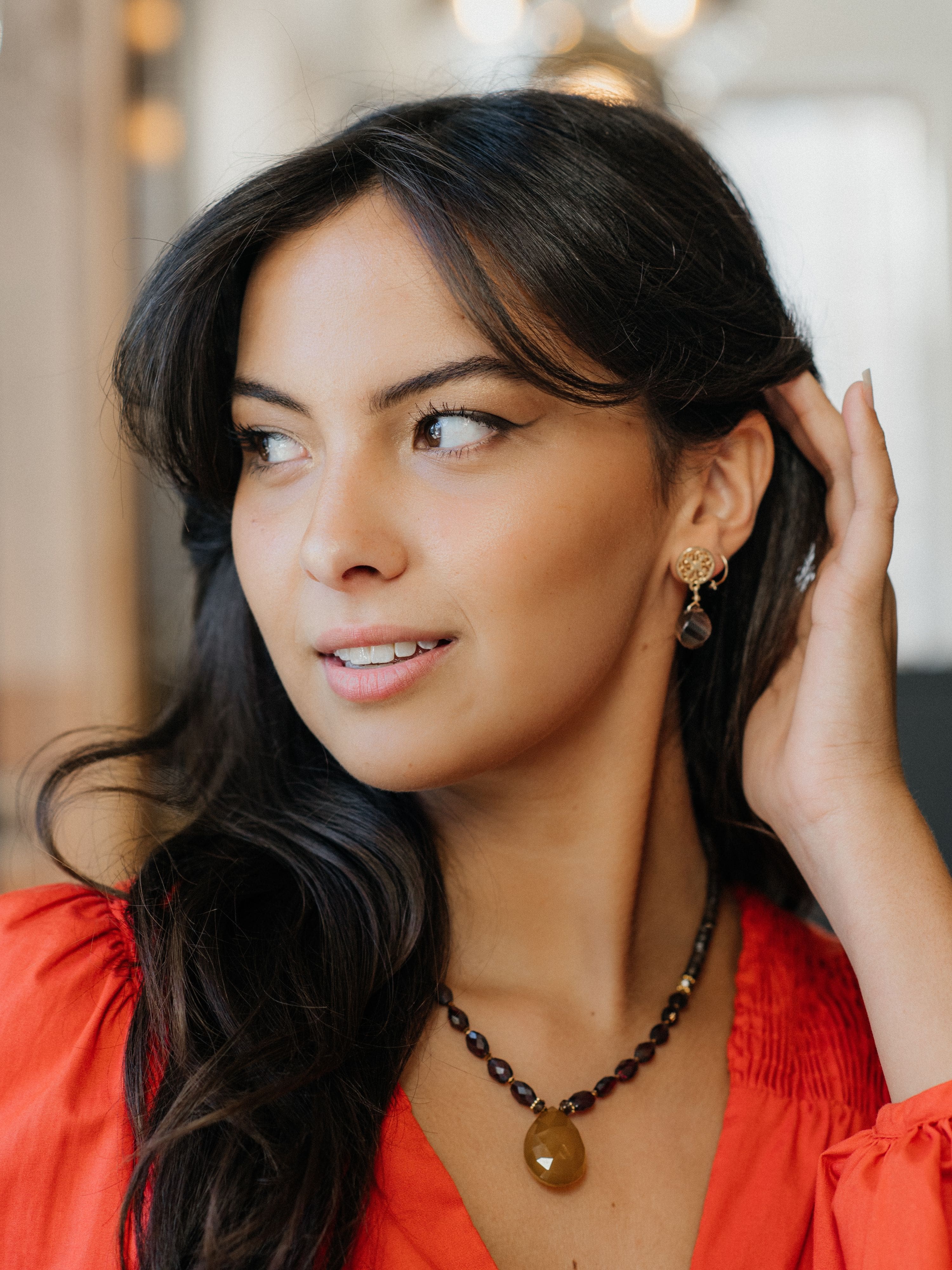 Golden Scroll Earrings in Smoky Quartz