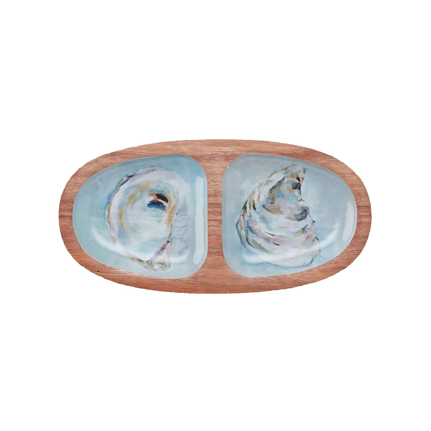 Two oyster images on a half shell applied to a wooden dish