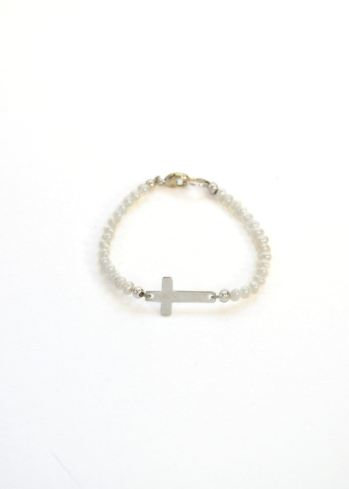 Little Girl Pearl Cross Bracelet- Silver