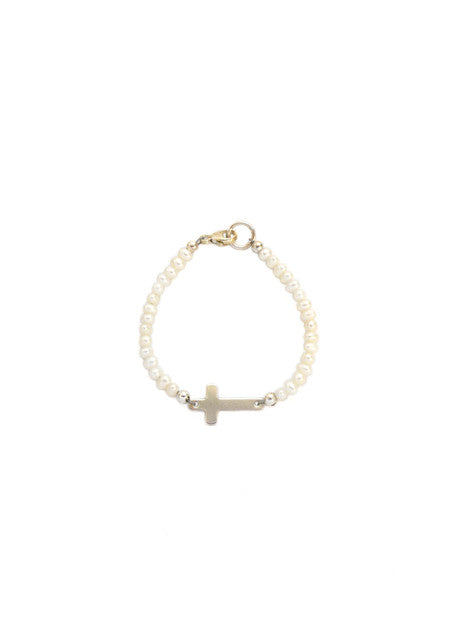 Little Girl Pearl Cross Bracelet- Silver