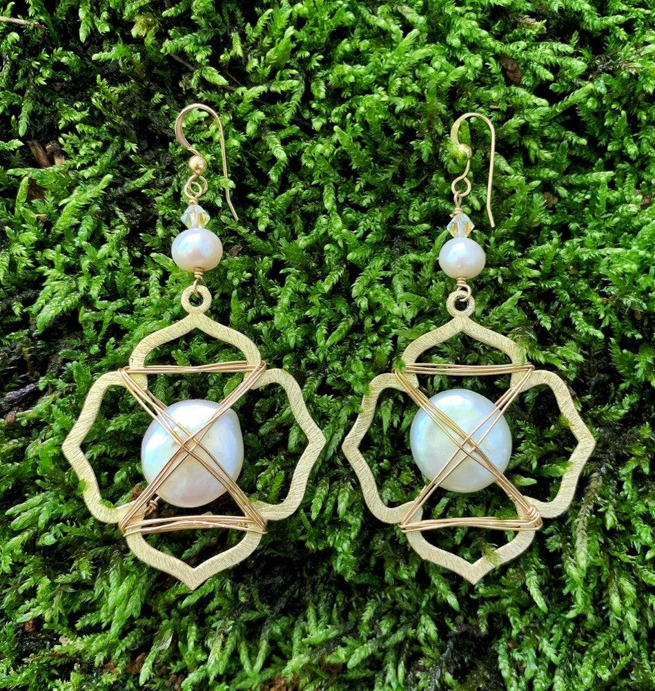 Caged Pearl Earrings in Gold