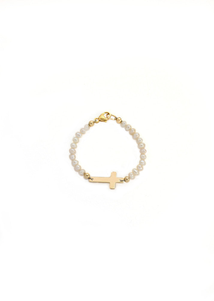 Little Girl Pearl Cross Bracelet- Gold