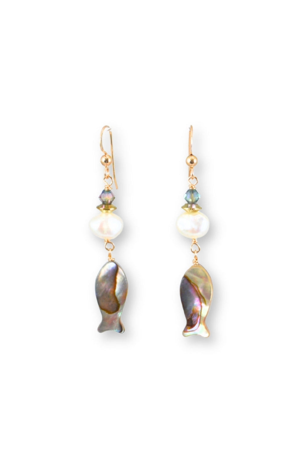 Pair of earrings with fish-shaped beads on a white background